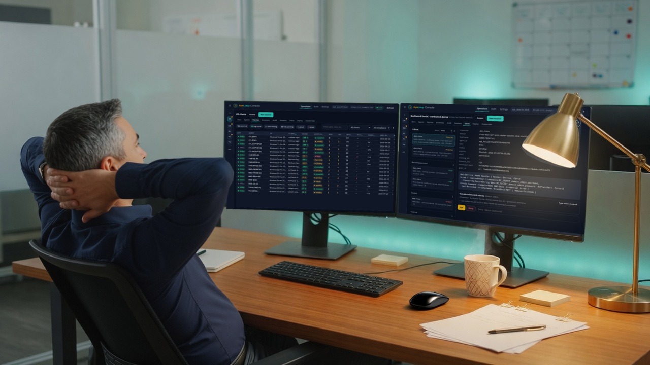 Technician leaning back at his desk while AyeLoop Console shows patch status and a command waiting for his Aye