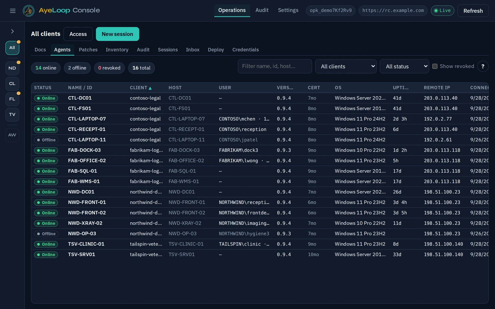 AyeLoop Console agents view: every client's machines with status, OS, uptime and IP