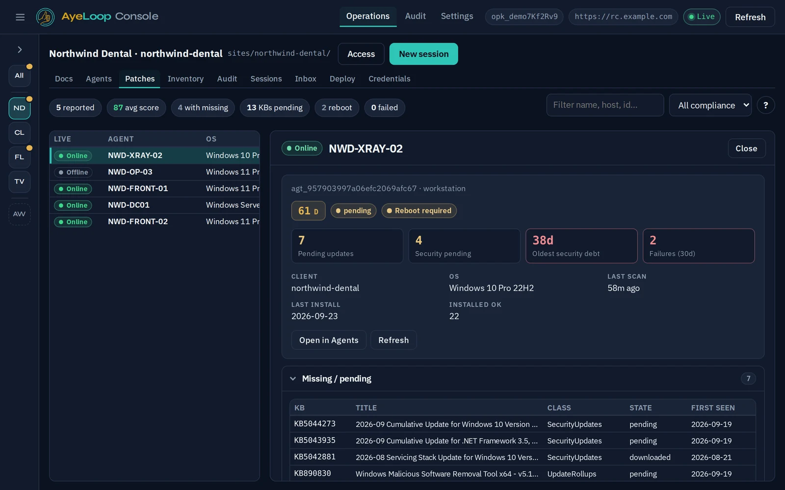 Patch detail for one machine: score, pending security updates and missing KBs