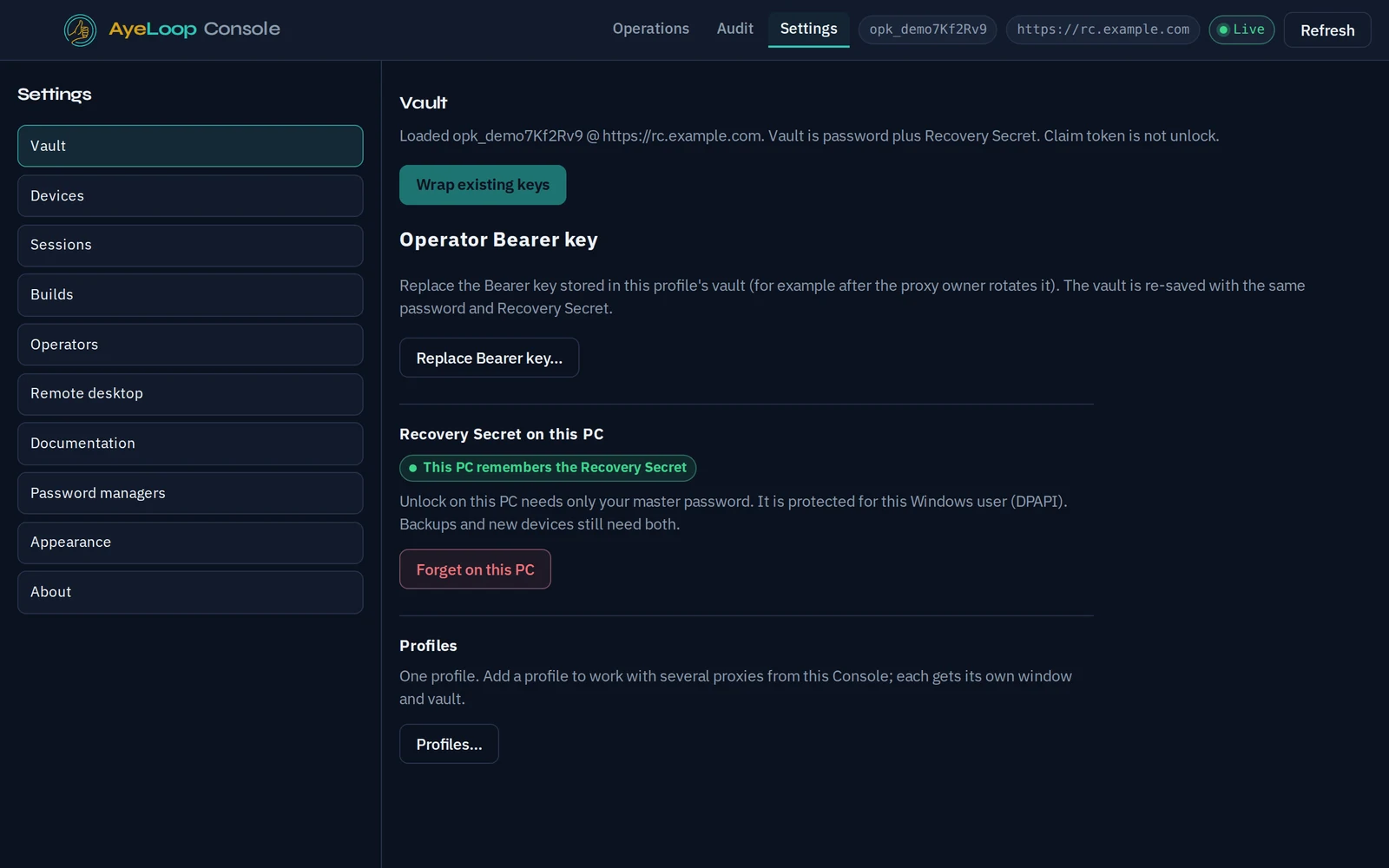 Console's Vault settings, where the technician's signing keys are held